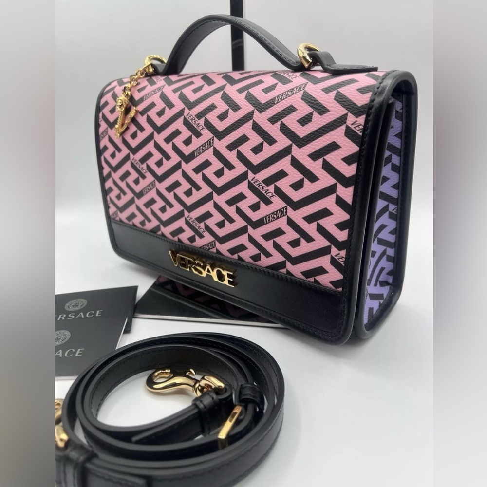 Versace Pink and Black Crossbody Bag with Geometric Pattern